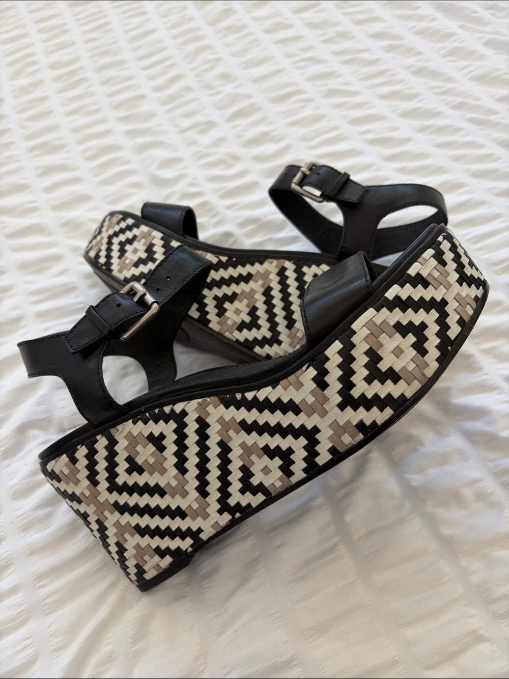 Frye Platform Sandals with Woven Detail in Black, Cream & Tan. Silvertone Buckle